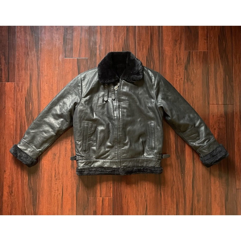 B-3 Black Leather Bomber Jacket Faux Shearling Military Inspired Size 44 Large